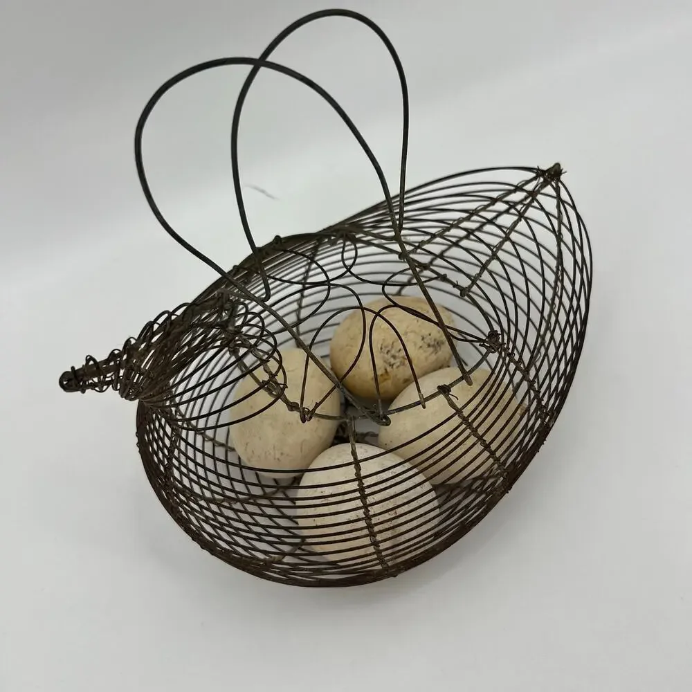 Vintage Wire Egg Basket with 4 Decorative Ceramic Eggs Chicken Shaped